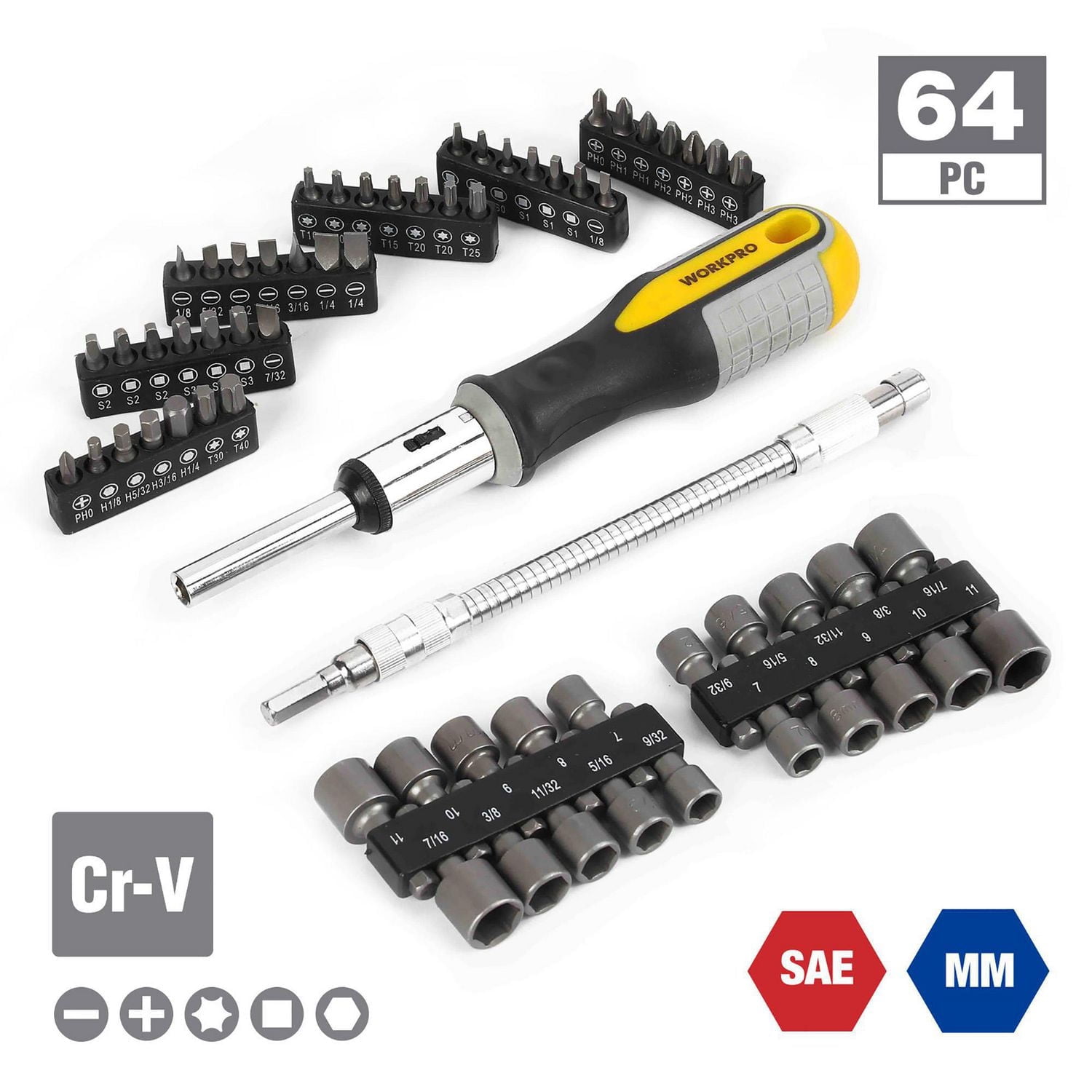 Ensemble de tournevis à cliquet WorkPro - tournevis multi-bits, tournevis de 64 pièces, écrous et embout