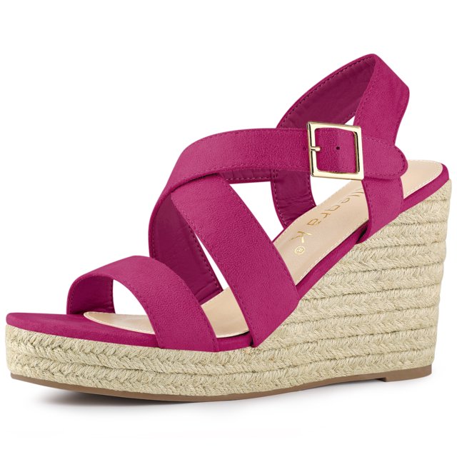 BLISSFUL STEP Sandales Compensées Espadrilles pour Femmes à Bride Cheville Croisée Rose Vif 8,5