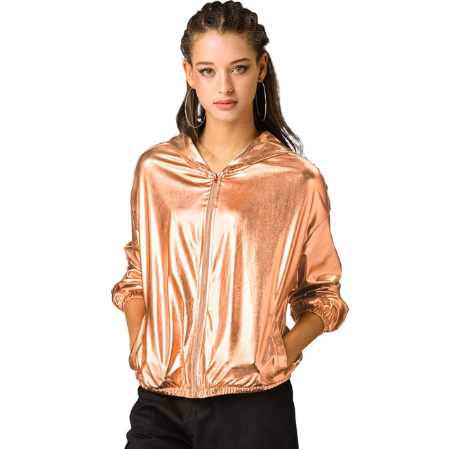 INSPIRE CHIC Women's Shiny Long Sleeve Zipper Hooded Metallic Jacket