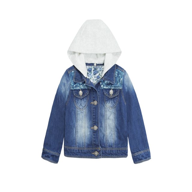 KIDSCOOL SPACE Little Girl White Detachable Hood Flower Embroidered Jean Jacket,White Cap,3-4 Years