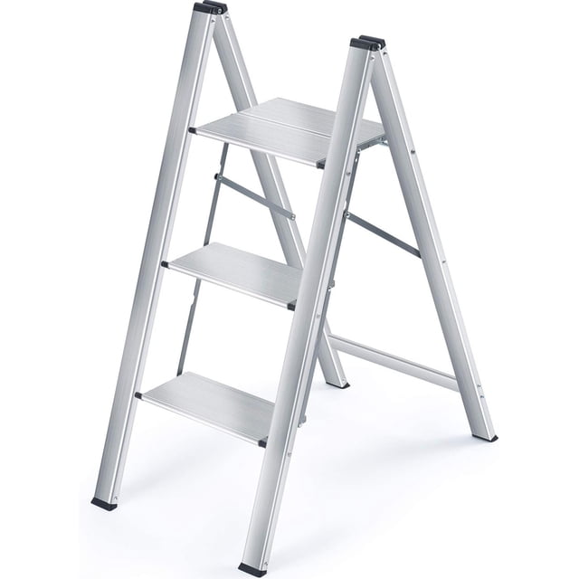 Step Ladder Aluminium Folding Ladder with Wide Steps Portable Slim Step Stool Household Ladder Stepladder with Multi-Function Silver