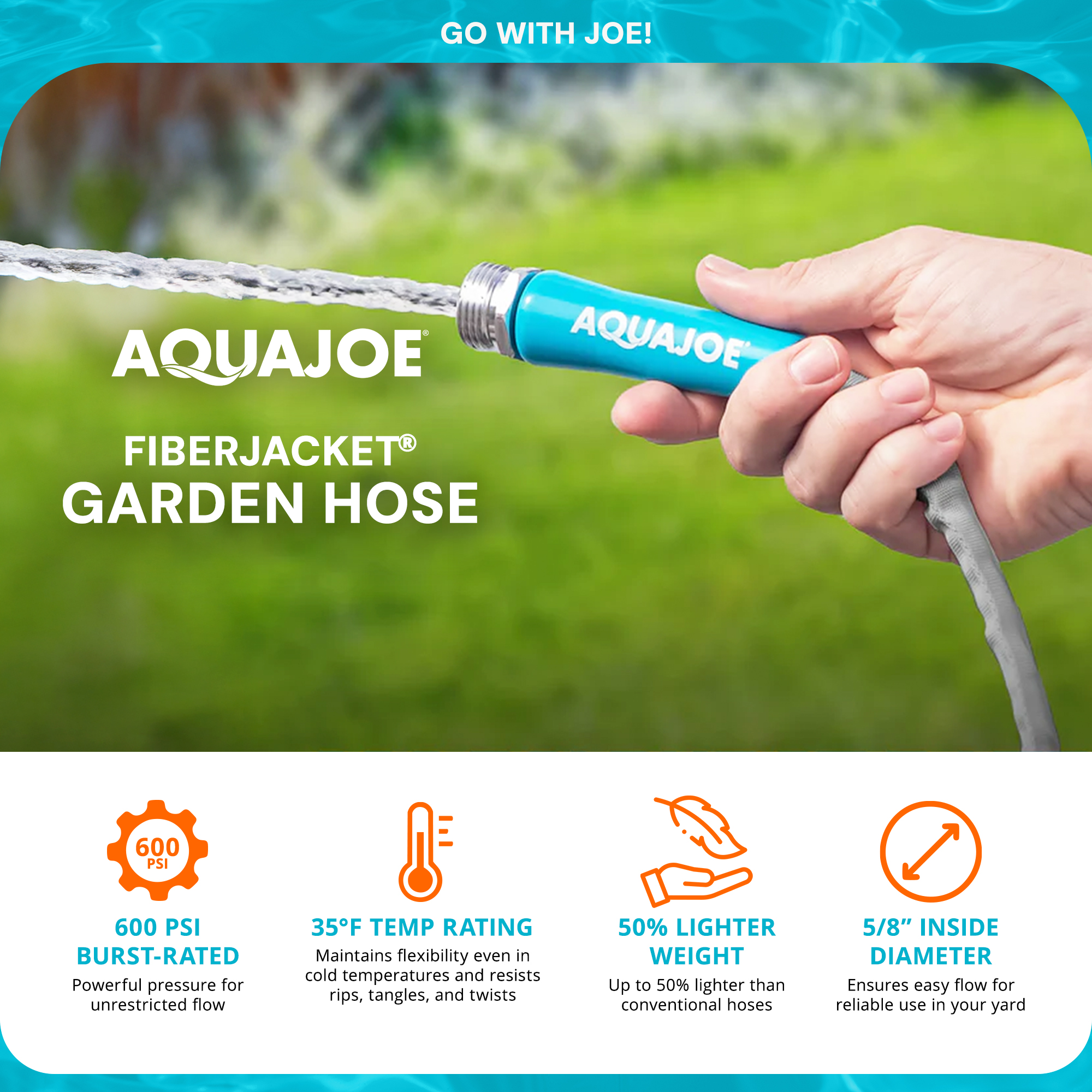 Aqua Joe 100 Ft,1/2In,FiberJacket,Kinkfree Garden Hose,Aluminium Fittings,600 PSI Rating