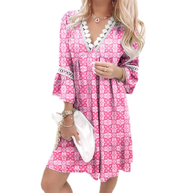 Pisexur Robe d'Été Décontractée pour Femme Manches 3/4 Tunique de Soirée Évasée Décontractée Col en V Boho Imprimé Cachemire Bordure en Dentelle Robe Midi Col en V Vêtements Boho