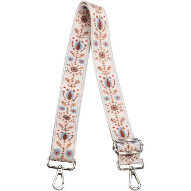 SURJDE Crossbody Strap for Purses Replacement Adjustable Guitar Multicolor Style Handbag Straps in Floral W design. The strap features a colorful thermal transfer pattern on polyester with a floral motif in blue, brown, and red tones. It includes silver-tone hardware and measures 3.8 cm (1.5 in) in width with an adjustable length of 80–146 cm (31.5–57.5 in).