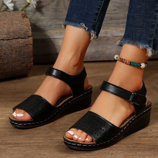 Cameland Women's New Large Size Hollow Thick Bottom One Line Buckle Wedge Sandals