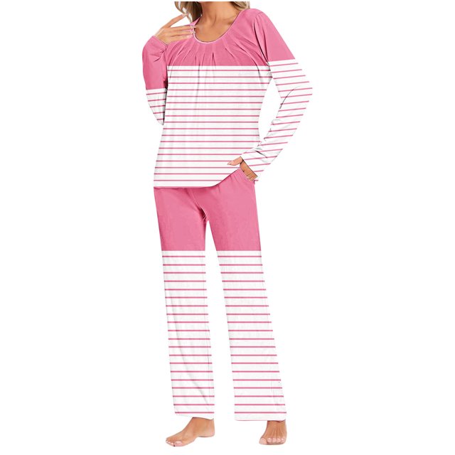 Yuyuzo Ensembles de Pyjama pour Femmes 2 Pcs Rayé Manches Longues Col Rond T-Shirts Pantalons de Détente avec Poches