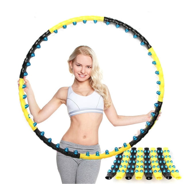 Magnetic Hula Hoop/Fitness Ring with removable sections, featuring double rows of blue magnetic massage beads. The hoop is shown in yellow and black, with a diameter of 110 cm and a weight of 1.7 kg. Includes 8 detachable sections for adjustable sizing. A woman in athletic wear demonstrates the hoop, and the detachable sections are displayed in the foreground.