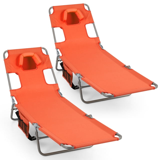 Gymax 2PCS Tanning ChairFolding Beach Lounge Chair w/5-Position Adjustable Backrest Orange