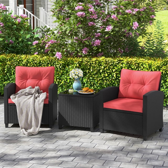 Costway Ensemble de Mobilier de Patio 3 Pcs avec Table Basse en Verre Trempé Coussins Lavables Rouge