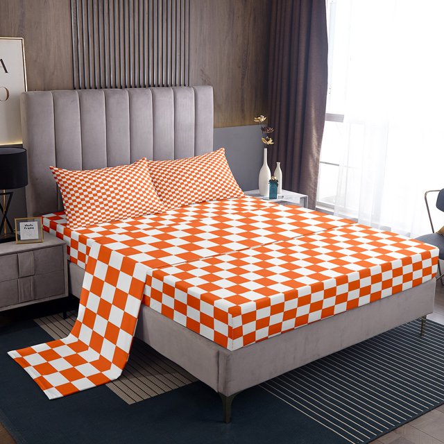 Erosebridal Plaid Buffalo Sheet Set Full, Orange Checkered Bedding Sets Full Size, Rectangle Room Decor, 4 Pieces