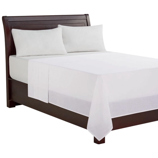 Mainstays flat sheet in white with 180 thread count, made from breathable 100% cotton, spread over a dark wood bed frame with matching white pillowcases, lightweight and machine washable, suitable for bedding sets.