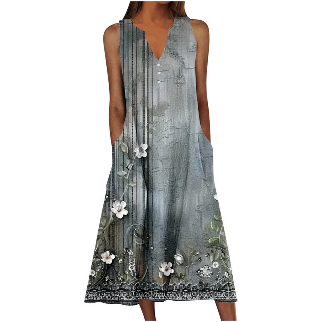Ovzne Robes pour Femmes Robe Femme Robe d'Été Décontractée pour Femmes Dégradé Sans Manches Col en V Longue Robe Robe de Vacances Liquidation