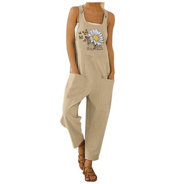 B91xZ Women's Casual Loose Overalls Jumpsuits Loose Adjustable Button Strap Fashion Wide Leg Bib Jeans Jumpsuits with Pockets,Khaki L