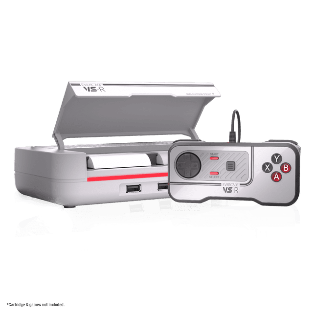 Evercade VS-R Solo retro gaming console in light grey and white with open cartridge lid showing dual cartridge slots, front USB ports, and a wired controller with directional pad, start and select buttons, and red and black A, B, X, Y buttons, optimized for TV play with support for over 600 games on 60+ cartridges and multiplayer for up to 4 players.