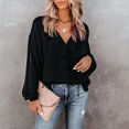 thumbnail image 4 of Pompotops Ladies Solid Color V-Neck Lantern Long-Sleeved Button Casual Shirt Top, 4 of 9
