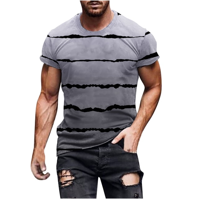 Penkiiy T-Shirt à Manches Courtes pour Hommes, Col Rond, Rayé, Imprimé, Entraînement Physique, Sport, Gris