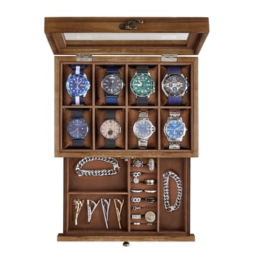 Songmics 8-Slot Watch Box, 2-Tier Watch Display Case With Large Glass Lid, Removable Watch Pillows, Velvet Lining, Jewelry Box, Father'S Day Gifts, Rustic Walnut Ujow008K01