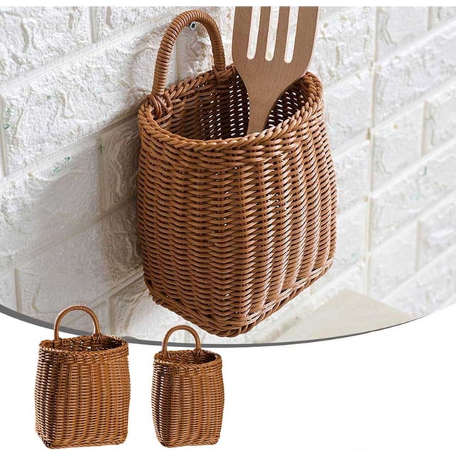 Meitianfacai Wall Mounted Storage Basket, Small Kitchen Hanging Basket, Hanging Storage Basket, Imitation Rattan Woven Basket With Handle, Woven Storage Basket(A(M))