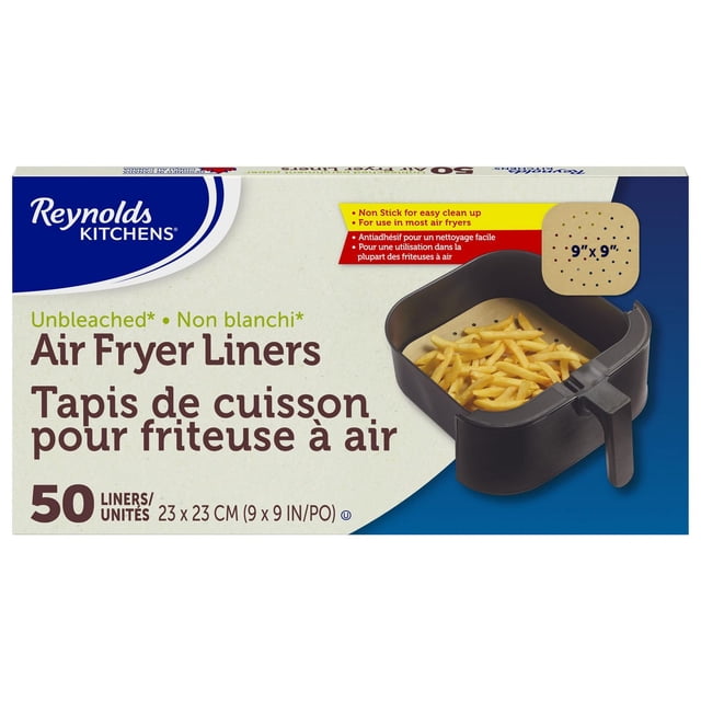 Reynolds Kitchens Air Fryer Liners 9" Unbleached Parchment 50ct box with bilingual text, showing a black air fryer basket holding fries on a 9 by 9 inch perforated, non-stick parchment liner designed for easy cleanup and compatible with most air fryers.