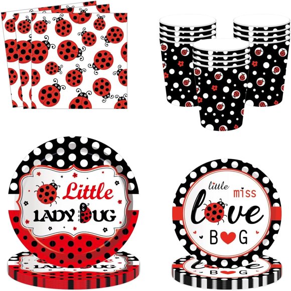SKTMH 68Pcs Ladybug Party Decorations Dinnerware Set, Ladybug Tableware with Plates Napkins Cups Red and Black Tableware, Ladybugs Birthday Decorations Red and Black Birthday Decorations