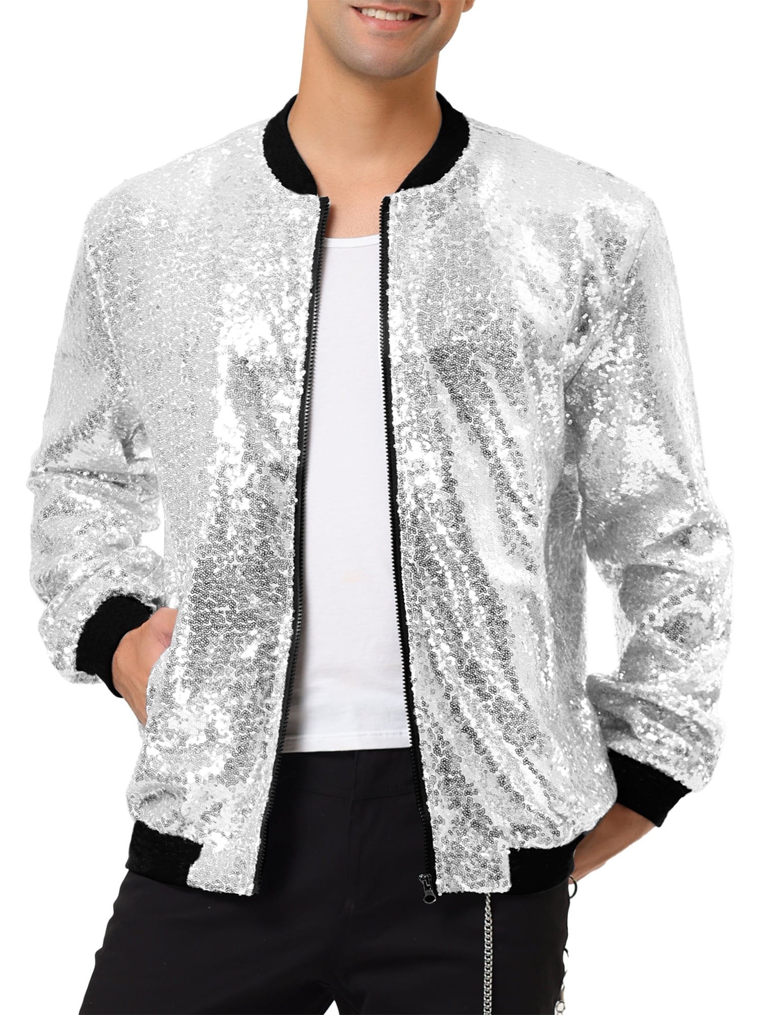 INSPIRE CHIC Vestes pour Hommes à Manches Longues à Fermeture Éclair Blouson Bomber Pailleté Manteaux TG Argent
