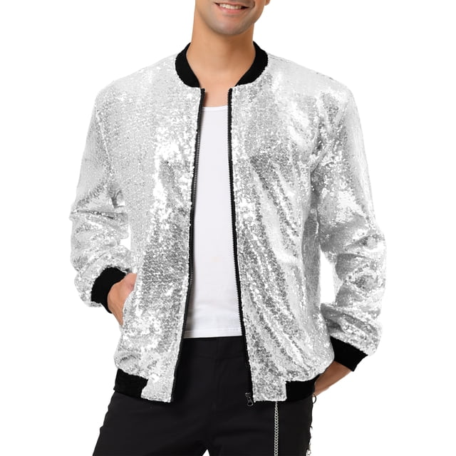 INSPIRE CHIC Vestes pour Hommes à Manches Longues à Fermeture Éclair Blouson Bomber Pailleté Manteaux TG Argent