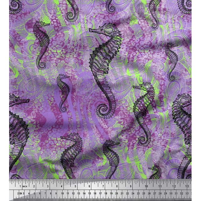 Soimoi Viscose Chiffon Fabric Texture & Sea Horse Ocean Printed Fabric 1 Yard 42 Inch Wide