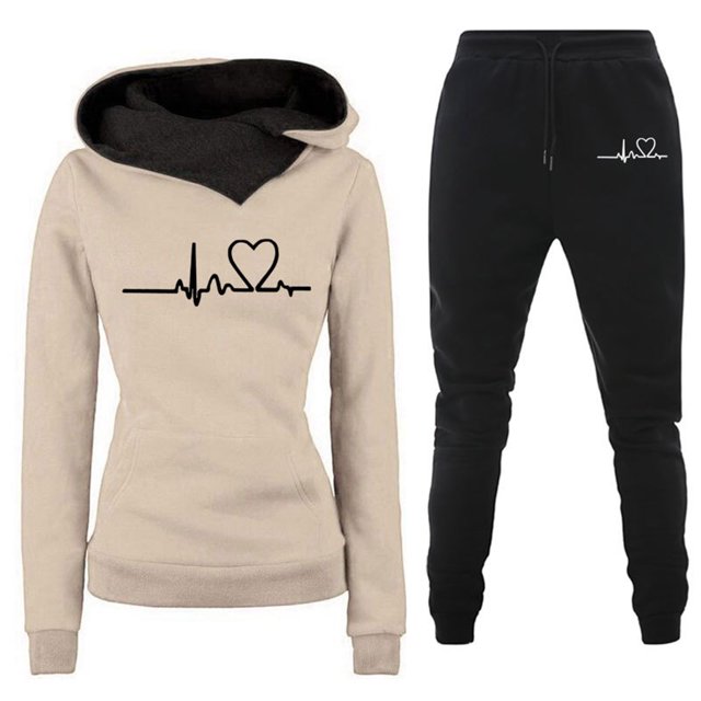 Ensemble de Mode Décontractée pour Femmes Chandail à Capuche Imprimé Amour Couleur Unie Pantalon
