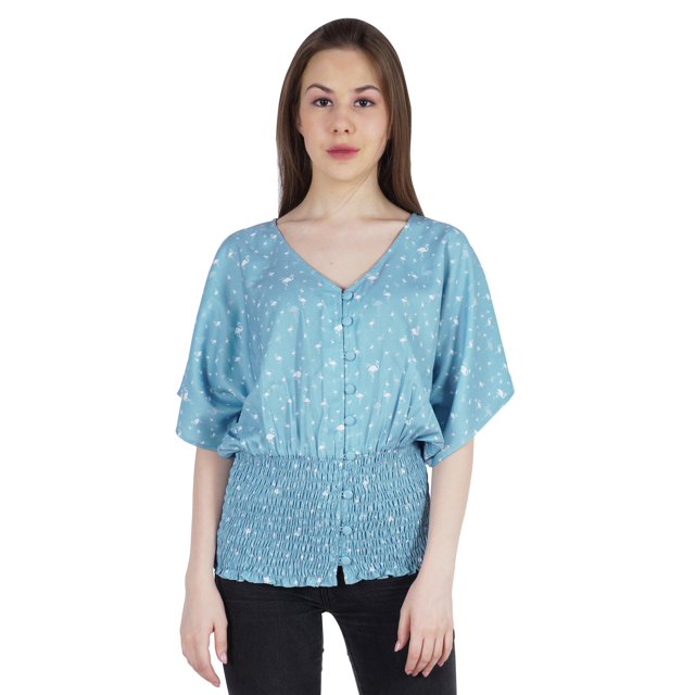 Moomaya Hauts Chauve-Souris Imprimés pour Femmes Col en V Blouse d'Été Décontractée Tunique Mode