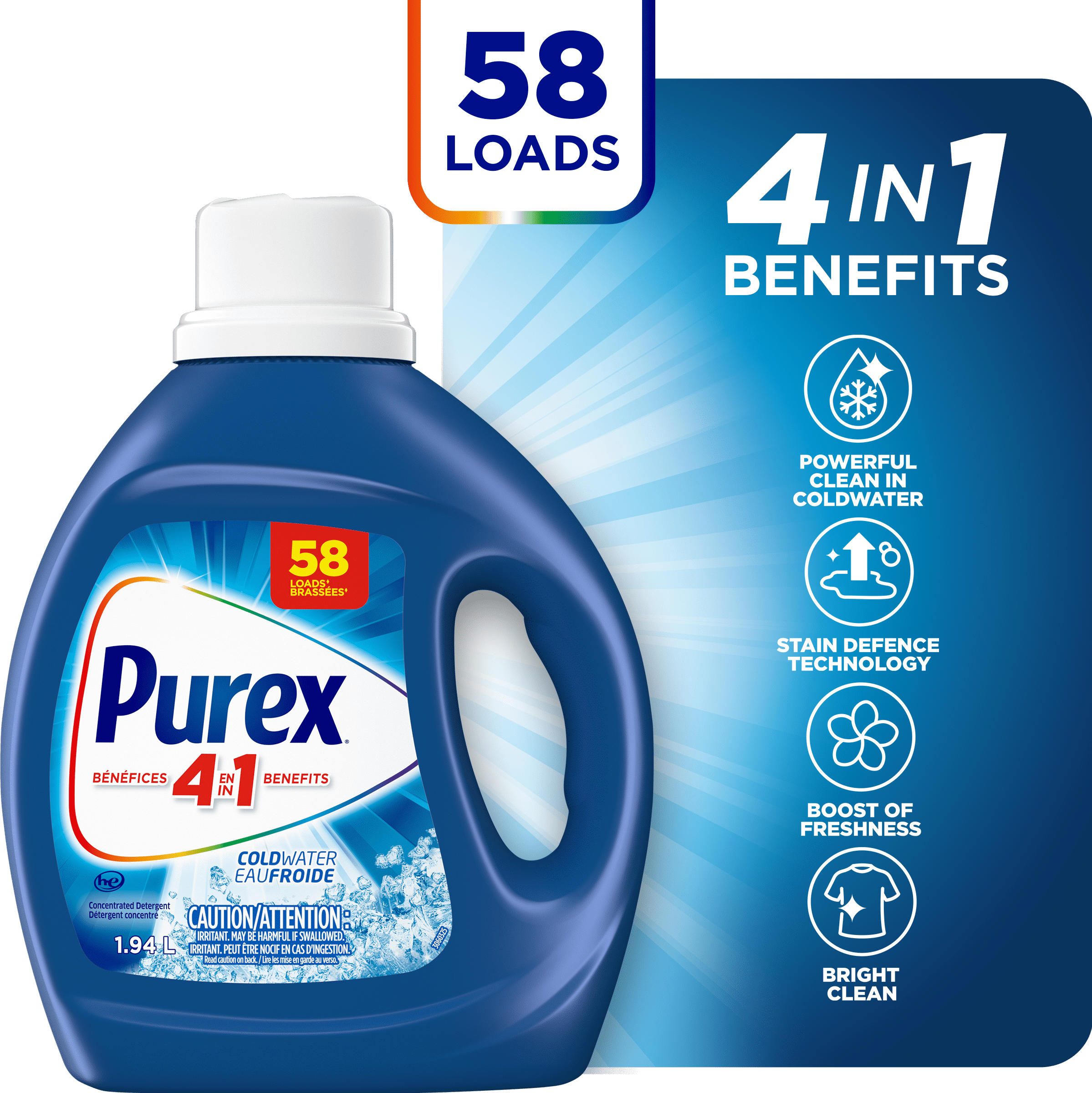 Détergent à lessive liquide concentré avec bénéfices 4-en-1, Purex Eau froide, puissant contre les taches, ravive et blanchit les vêtements, 1,94 L, 58 brassées, compatible avec les laveuses HE