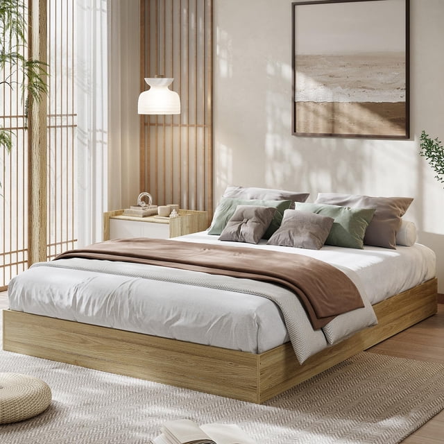 Modern Floor-Standing Platform Bed Frame, Wooden Bed Frame Without Headboard, Solid Wood Slat Foundation, No Box Spring Needed, Easy Assembly, for Bedroom, Dorm, Small Spaces