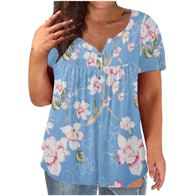 Summer Savings Clearance RKSTN Plus Size Tops For Women V-Neck Flowers Print Short Sleeve T-Shirt Button Summer Tops Blouse