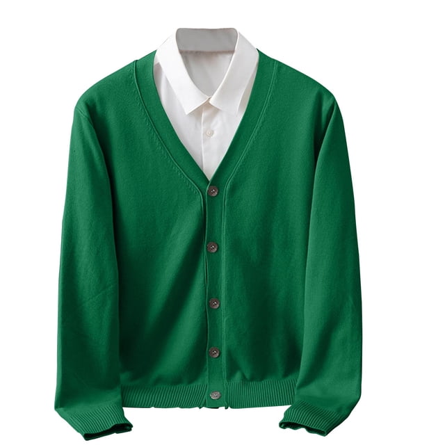 aohooy Mens V-Neck Sweater Elegant Business Long Sleeve Button Down Cardigans for Men Basic Knitted Sweater with Fake Pockets Green,L