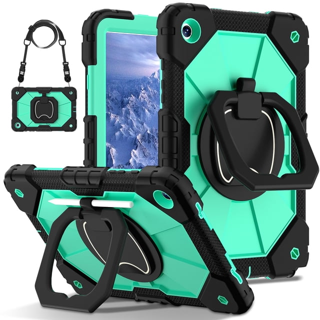 Samsung Tab A9 8,7 Pouces Étui Antichoc Rotatif - Protection Intégrale en Silicone+PC avec Fonction Support, Antichute et Résistante à l'Usure, Design Embossé, Comprend une Bandoulière - Couleur Noir et Vert Menthe