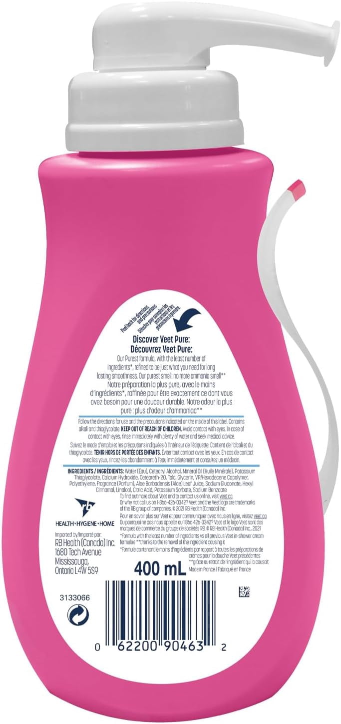 Veet® Pure™Hair Removal Cream for Sensitive Skin – Legs & Body Hair Remover with No Ammonia Smell, In- Shower Hair Removal Formula for Quick & Smooth Results, 400 mL