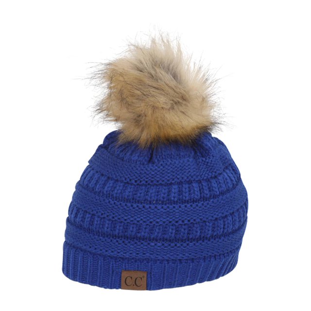 Gravity Threads Tuque à Pompons en Tricot Torsadé en Fausse Fourrure, Royal