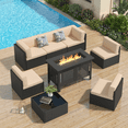 thumbnail image 1 of YODOLLA 7-Piece Patio Furniture Set with 43" Fire Pit Table, Rattan Wicker Outdoor Sectional Sofa Couch with Table Patio Conversation Set for Lawn& Backyard In Black& Beige, 1 of 10