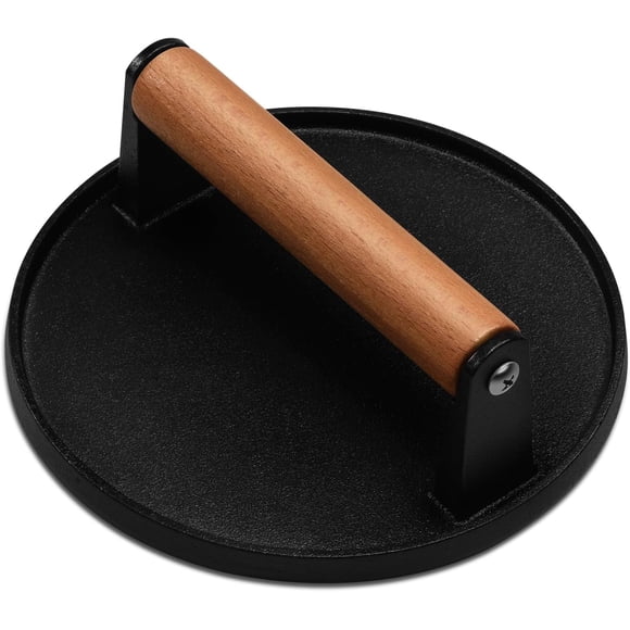 WJCA Heavy-Duty Cast Iron Smash Burger Press – Wood Handle for Bacon, Meat, Steak Compatible with Griddle Sandwich Nonstick Pan