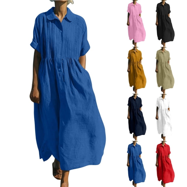 Kyusrd Robe en Lin pour Femmes à Manches Courtes Robe d'Été Robe Longue de Plage Col Ras du Cou Ample à Demi-Manches Robe Maxi Unie