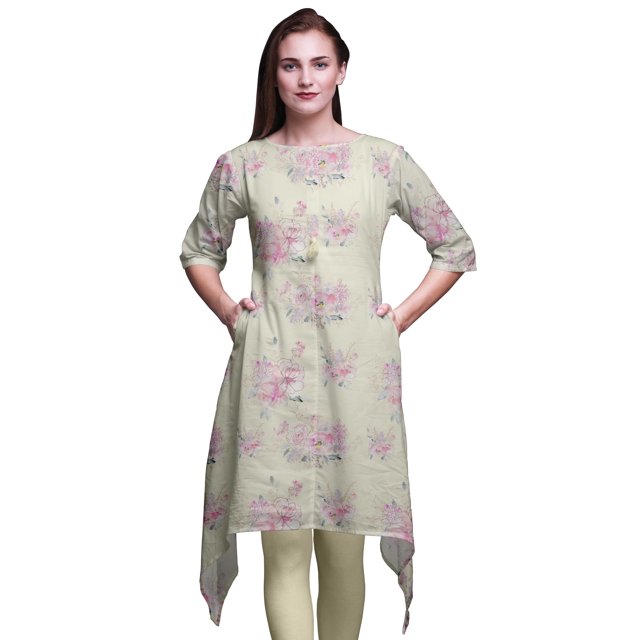 Bimba White Rose & Ranunculus Floral Printed Tops For Women Asymmetric Kurti Summer Dress For Girls XSmall
