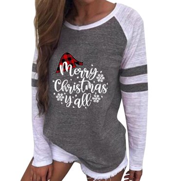 Christmas Clothes for Women Funny Santa Claus Snowflake Print T-Shirts Ladies Fall Winter Pullover Tops