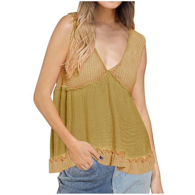 Timegard Summer Tank Top for Women Deep V Neck Ruffle Ruched Tunic Top Dressy Causal Loose Beach Travel