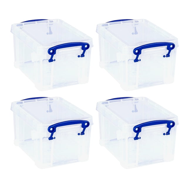 Really Useful Box 1.6L Storage Container with snap lid and clip-lock handle, shown in a set of four. Each clear plastic container features a blue clip-lock handle for secure carrying and a transparent design for easy content identification. Compact dimensions of 7.63 x 5.31 x 4.31 inches make these bins ideal for organizing small items in homes, offices, or garages.