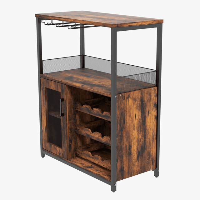 3-Tier Wine Bar Cabinet with Detachable Wine Rack and Drawer, Industrial Sideboard and Buffet Cabinet with Glass Holder and Mesh Door, Durable and Stylish Storage Solution