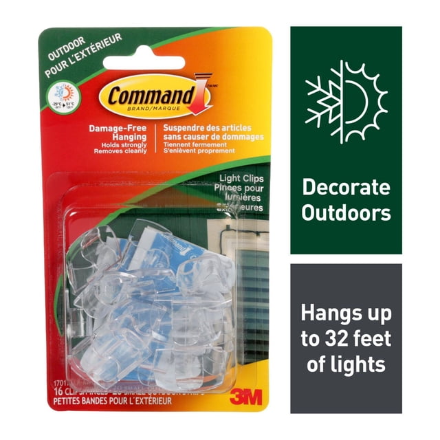 Command™ Outdoor Light Clips 17017CLR-AWC, small clear plastic clips in blister pack with red and yellow backing, designed for damage-free hanging of outdoor holiday lights up to 32 feet, holding strongly on various surfaces and removing cleanly, suitable for decorating exterior walls, gutters, and windows.