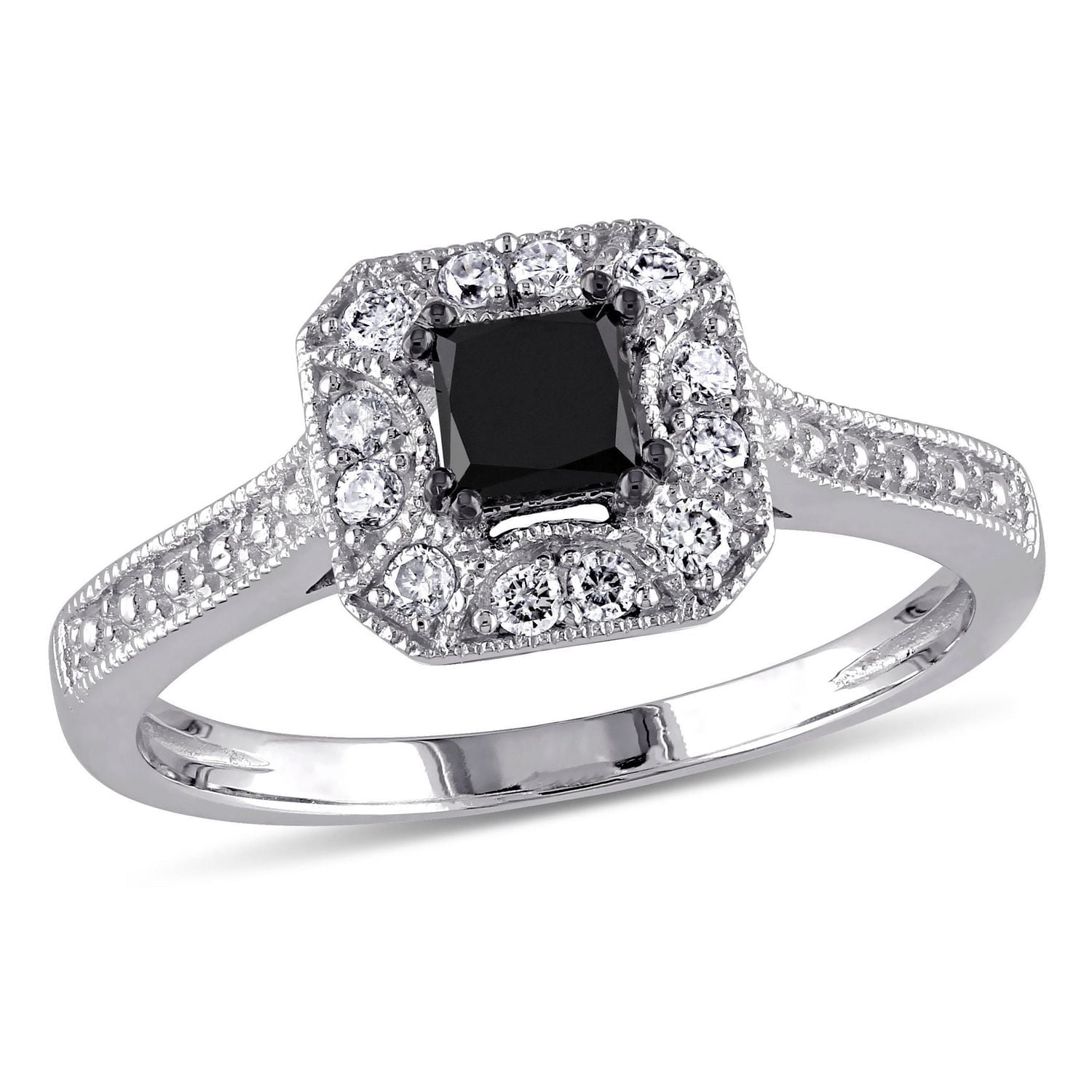 Asteria 0.60 Carat T.W. Princess and Round-Cut Black White Diamond 10 K Gold Engagement Ring