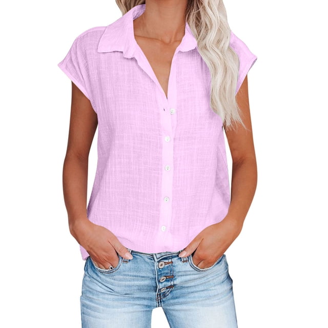 Timegard Hauts Grande Taille pour Femmes Coton Lin Manches Courtes Col en V Boutonné Blouse Décontractée