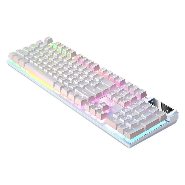 Gaming Keyboard Mechanical, a full-sized USB wired keyboard with an ergonomic design and ultra-slim profile. Features RGB backlighting with 5 customizable lighting effects, IP32 spill resistance, and a durable ABS plastic and metal base. Includes tactile mechanical brown switches for responsive feedback and 26-key anti-ghosting for simultaneous key presses. The white keyboard has stair-up keycaps for comfort and 13 dedicated media keys for easy control. Suitable for desktop and gaming setups.