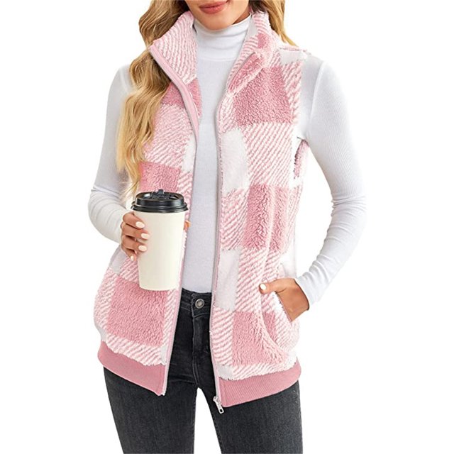 LUXUR Gilet à Carreaux pour Femmes Tenue de Travail Décontractée Rose S