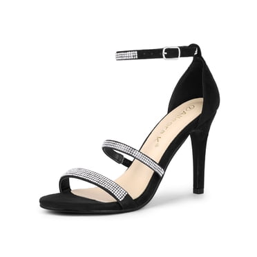 BLISSFUL STEP Women's Rhinestone Ankle Strap Stiletto High Heels Sandals Black (Size 9)